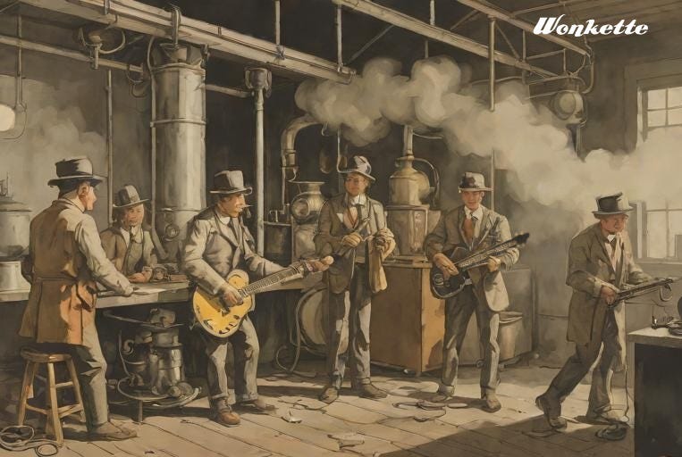 AI generated 'painting' of men in 1920s style clothes playing in a punk band in some kind of steam-filled factory or warehouse