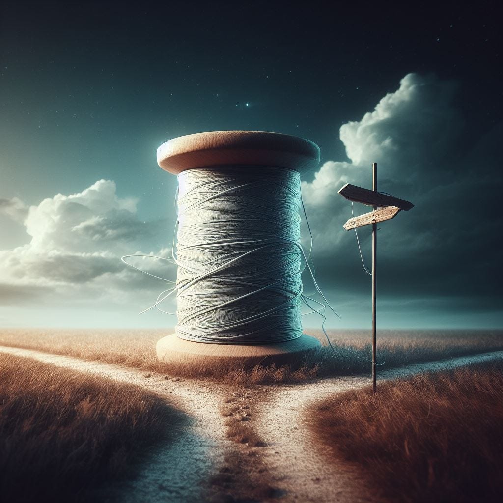 “a spool of thread standing at a fork in the road, wide shot, digital art” / Bing Image Creator