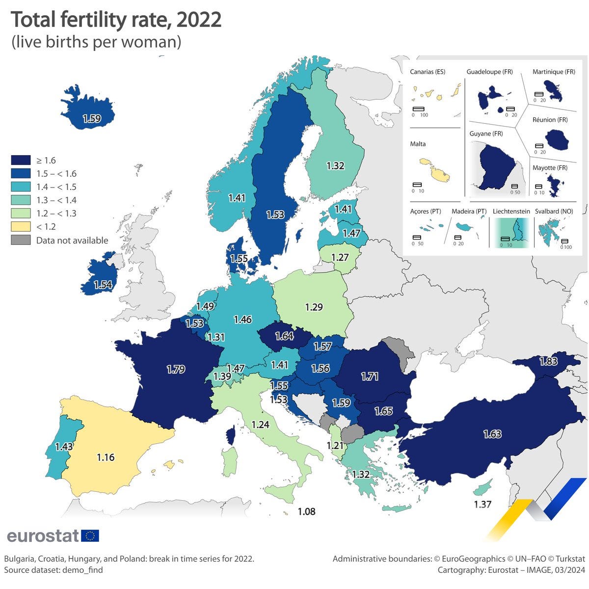 Map of Total fertility rate, 2022. Live births per woman. EU Member States, EFTA Countries and candidate countries with available data.