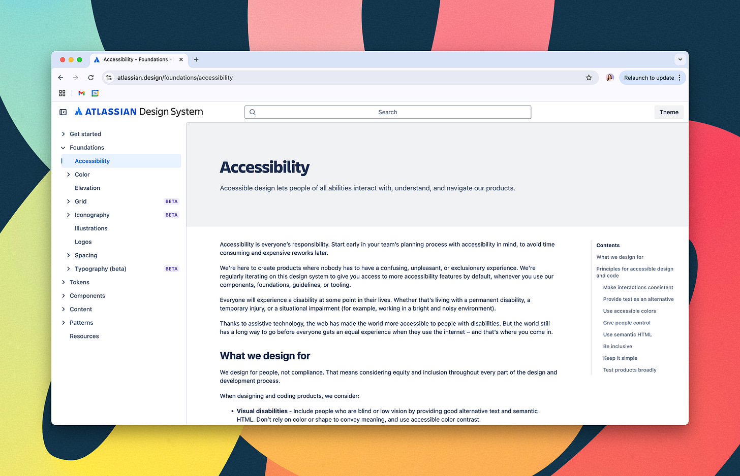 A screenshot of Atlassian's design system. The page focuses on the Accessibility tab.