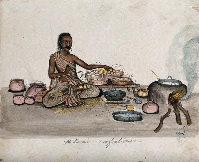 A halwai (sweet maker) weighing some mithai (sweets). Watercolour by an Indian artist. A halwai (sweet maker) weighing some mithai (sweets). Watercolour by an Indian artist.
