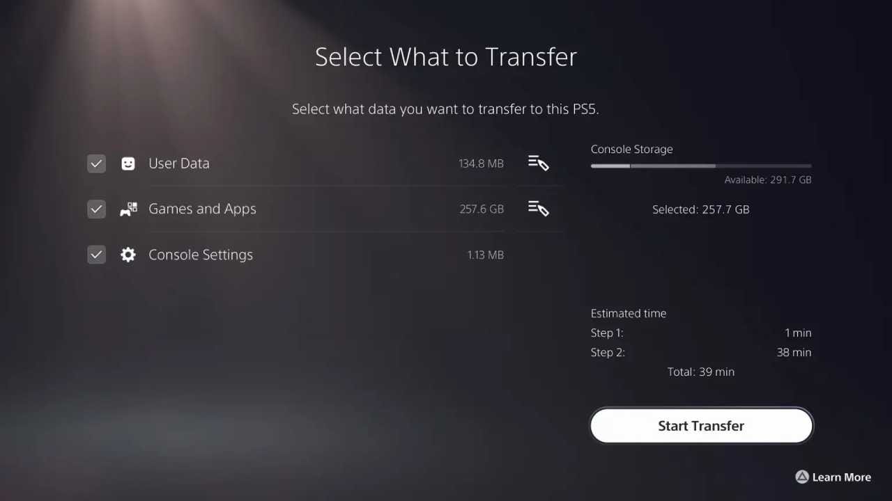 PS5 to PS5 data transfer menu