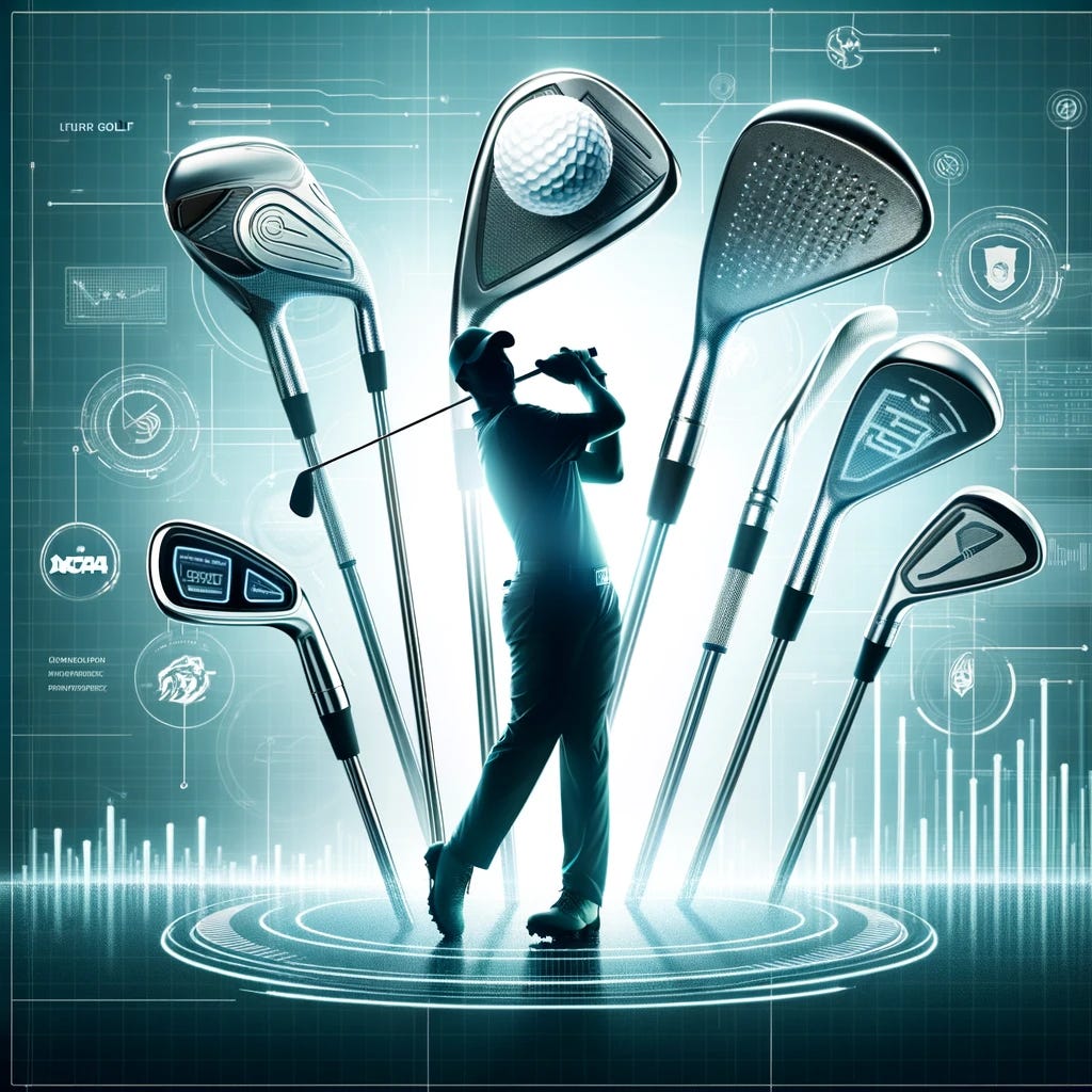 Create an image that visualizes the concept of futuristic and intelligent design in college golf metrics without any text. The image should prominently feature unbroken, pristine golf clubs and a clear silhouette of a golfer in action, symbolizing the essence of golf. The backdrop should be digital and futuristic, implying advanced analytics and technology without explicitly showing any text. This design should seamlessly blend traditional golf elements, college or NCAA symbols, and modern technology, focusing purely on visual storytelling without the use of any textual information.