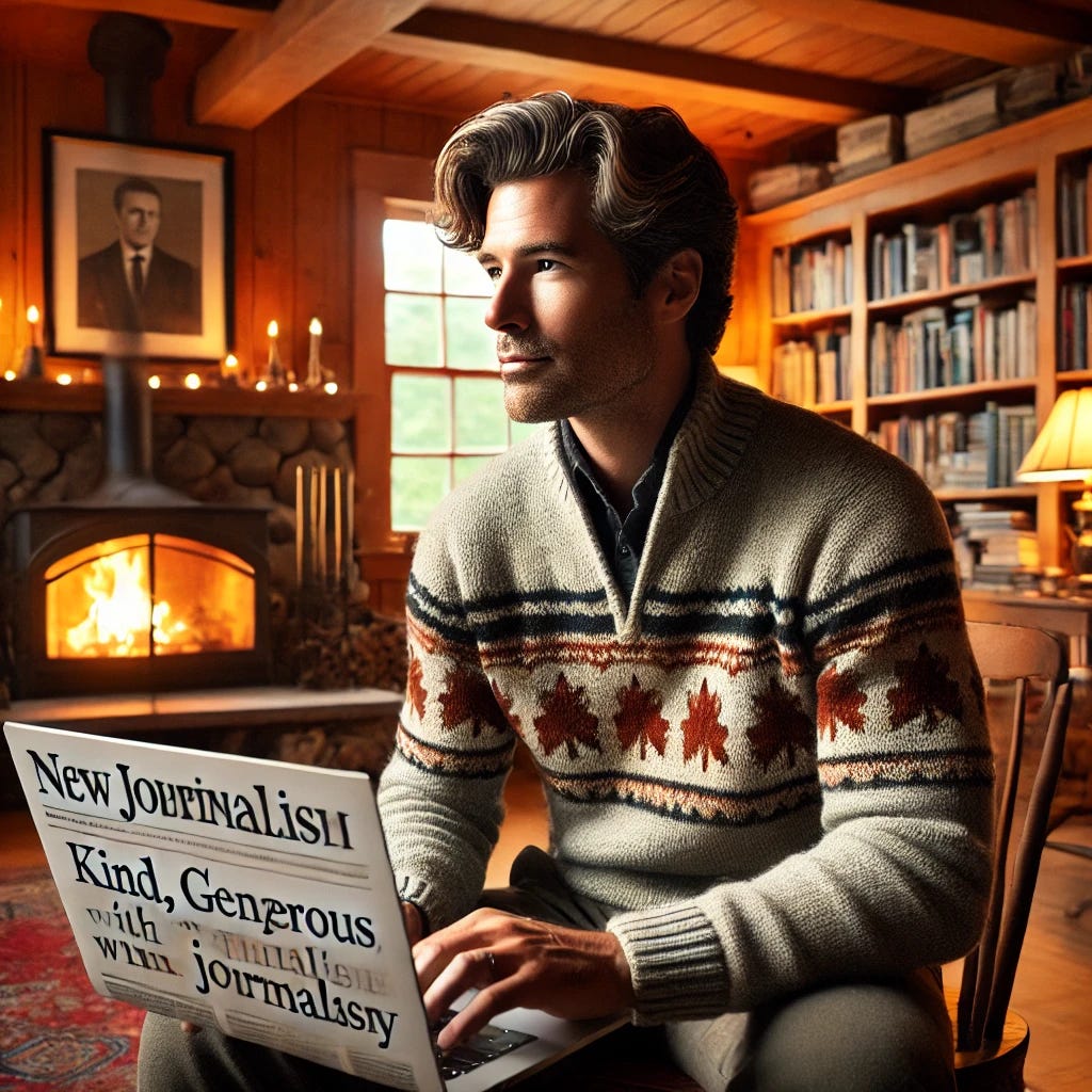 A kind, generous, and handsome man in his forties with great hair, wearing a beautiful argyll sweater, sits in a warm den in front of a fire, reading journalism on his laptop. The room has built-in bookshelves filled with books and a cozy New England cabin aesthetic. The furnishings and decor are from 1980 or later, with warm lighting and a comfortable atmosphere.