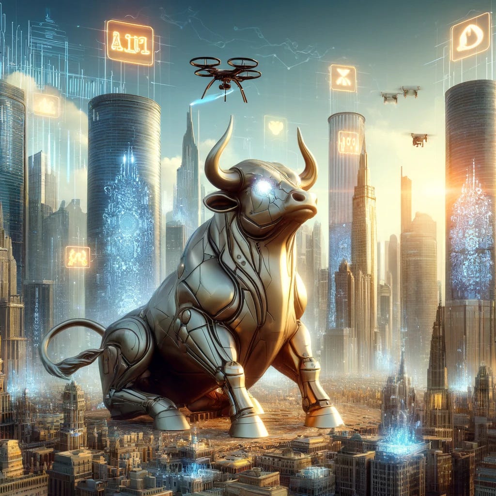 In a futuristic cityscape, illustrate the Golden Age of Artificial Intelligence, showcasing towering skyscrapers with holographic displays of AI and technology symbols. In the foreground, include a majestic, metallic bull, symbolizing a booming stock market, with glowing eyes to represent its power and the prosperity of this era. The city is bustling with activity, drones flying overhead, and digital information flowing freely in the air, indicating a world thriving on advanced technology and economic success. The atmosphere is one of excitement and optimism, with a clear sky hinting at the limitless potential of this age.