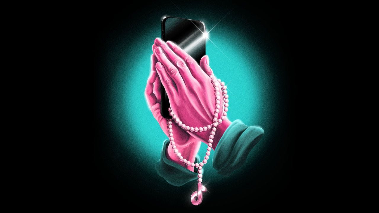 An illustration of pink praying hands holding a phone and a rosary with a tiktok logo.