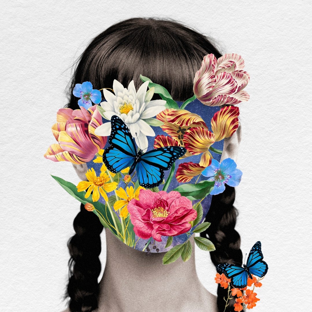 Flowers and butterflies cover a woman's face so only her hair is showing.
