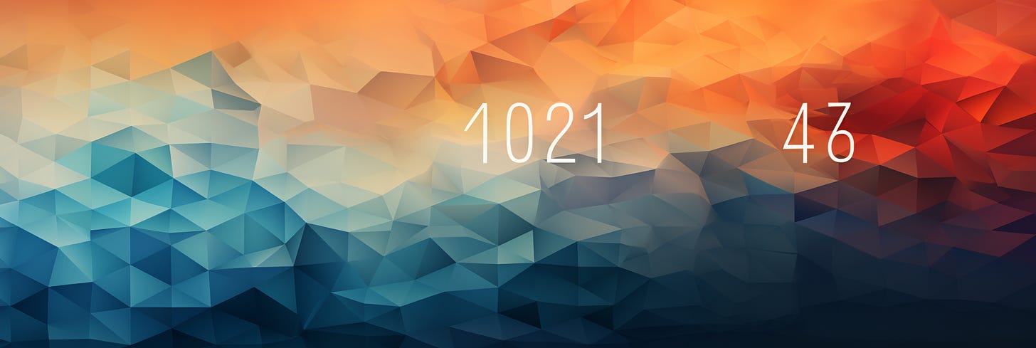 This image features a geometric gradient of colors transitioning from cool blues on the left to warm reds on the right, composed of numerous triangular facets that create a dynamic and textured visual effect. Superimposed on this colorful, low-poly background are the numbers "1021" and "47" in a large, simple white font, centrally located and staggered across the horizontal axis. The overall design has a modern, digital feel, and could be associated with contemporary graphic design, data visualization, or abstract art, with the numbers possibly signifying a specific date, quantity, or identifier within a creative or analytical context.