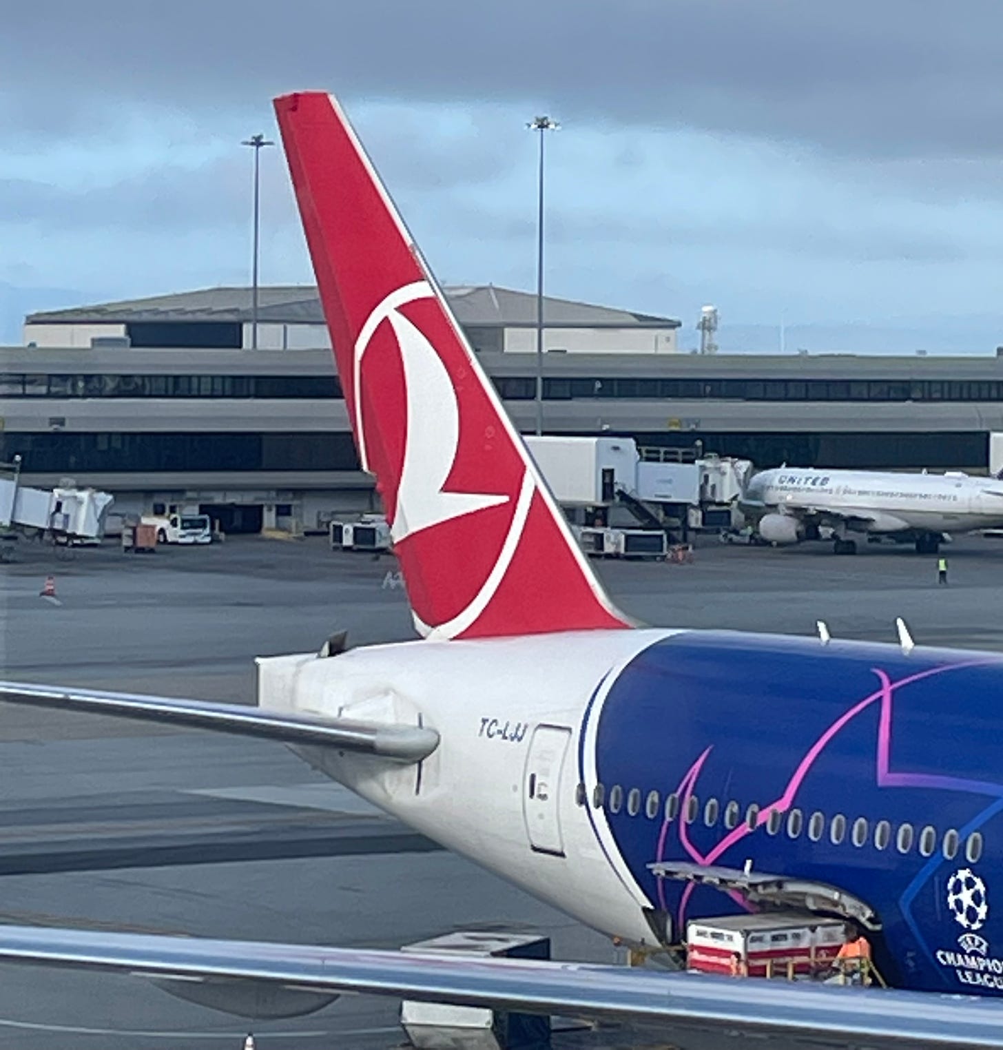Tail of Turkish Airlines B777 parked at SFO.