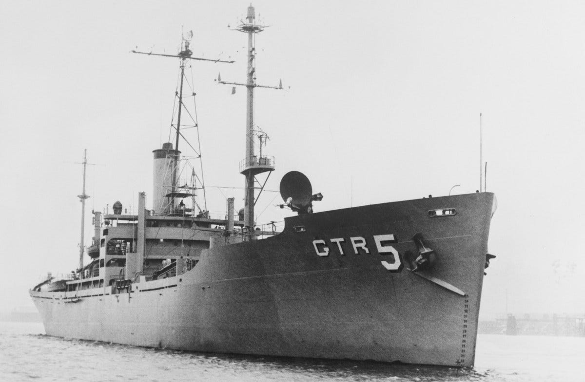 (Original Caption) Washington:Israeli planes and one or more torpedo boats mistakenly attacked this US Navy research ship, the USS Liberty (shown in file photo) in the Mediterranean Sea near the Sinai Peninsula 6/8. The Defense Department said four sailors were killed and 53 wounded. 6/8/197