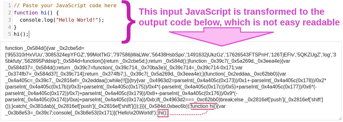 Fig 4. This example shows that simple code (upper left) is transformed into an obfuscated version (bottom), both pieces of code are functionally the same.