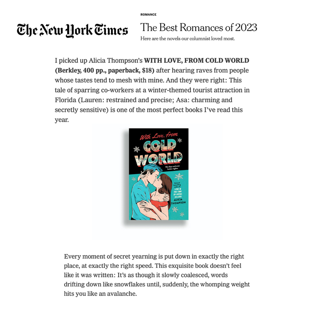 Graphic that shows New York Times logo and "Best Romances of 2023" title and then the text which is in the caption below.