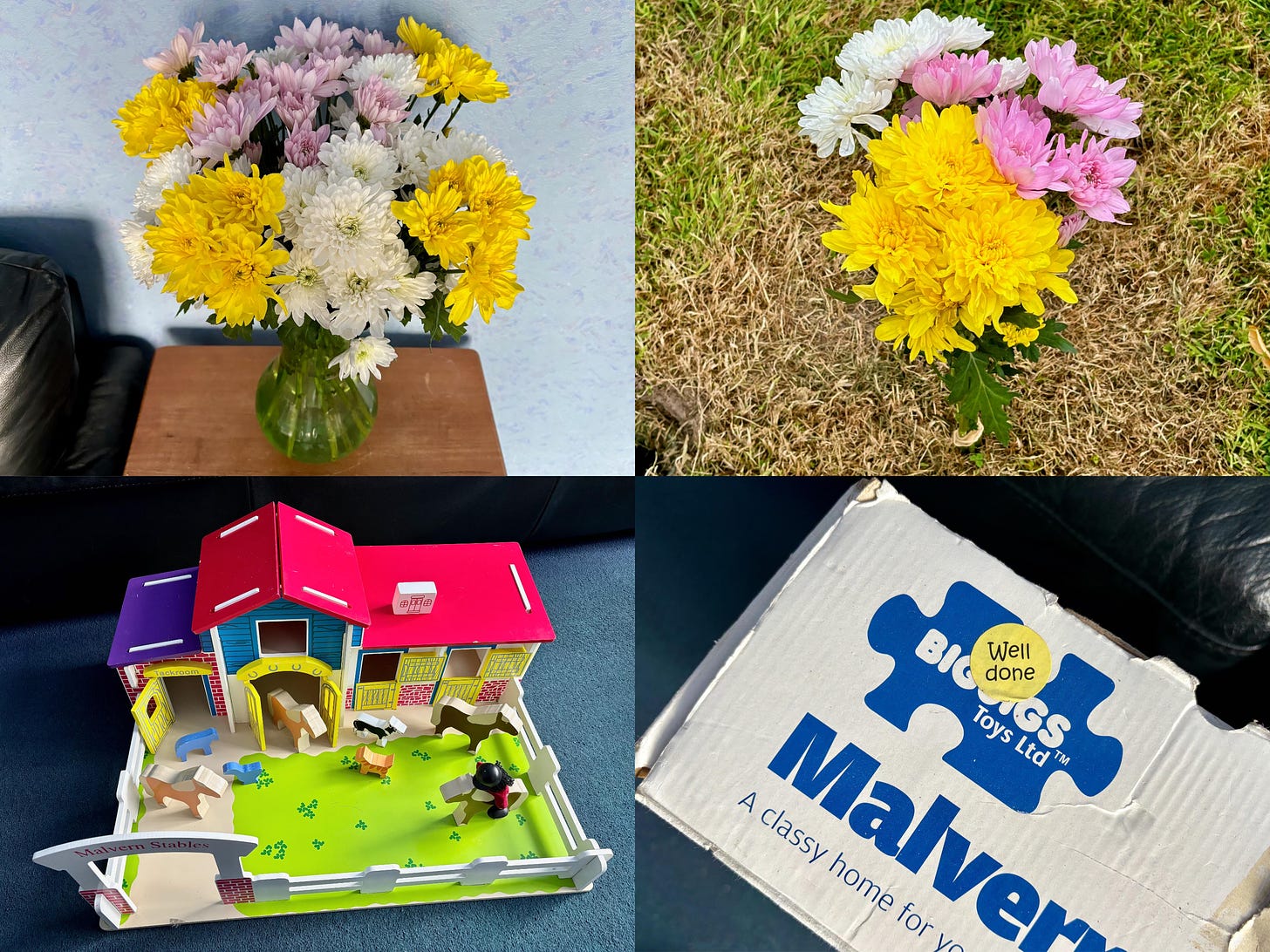 Collage of four images. Yellow, pink, and white carnations in a vase. A small set of the same flowers in a field. A children's wooden stable set. A 'well done' sticker on the stable set's box lid.