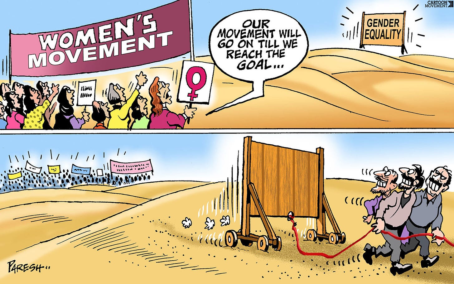 Two panel cartoon. The first panel shows a crowd of women carrying a banner that says 'Women's movement' walking towards a sign that reads 'gender equality'. One of the women days: 'Our movement will go on till we reach the goal...' The second panel shows the gender equality sign from the back. We no see it's on wheels, and it being dragged back by men pulling on a rope.