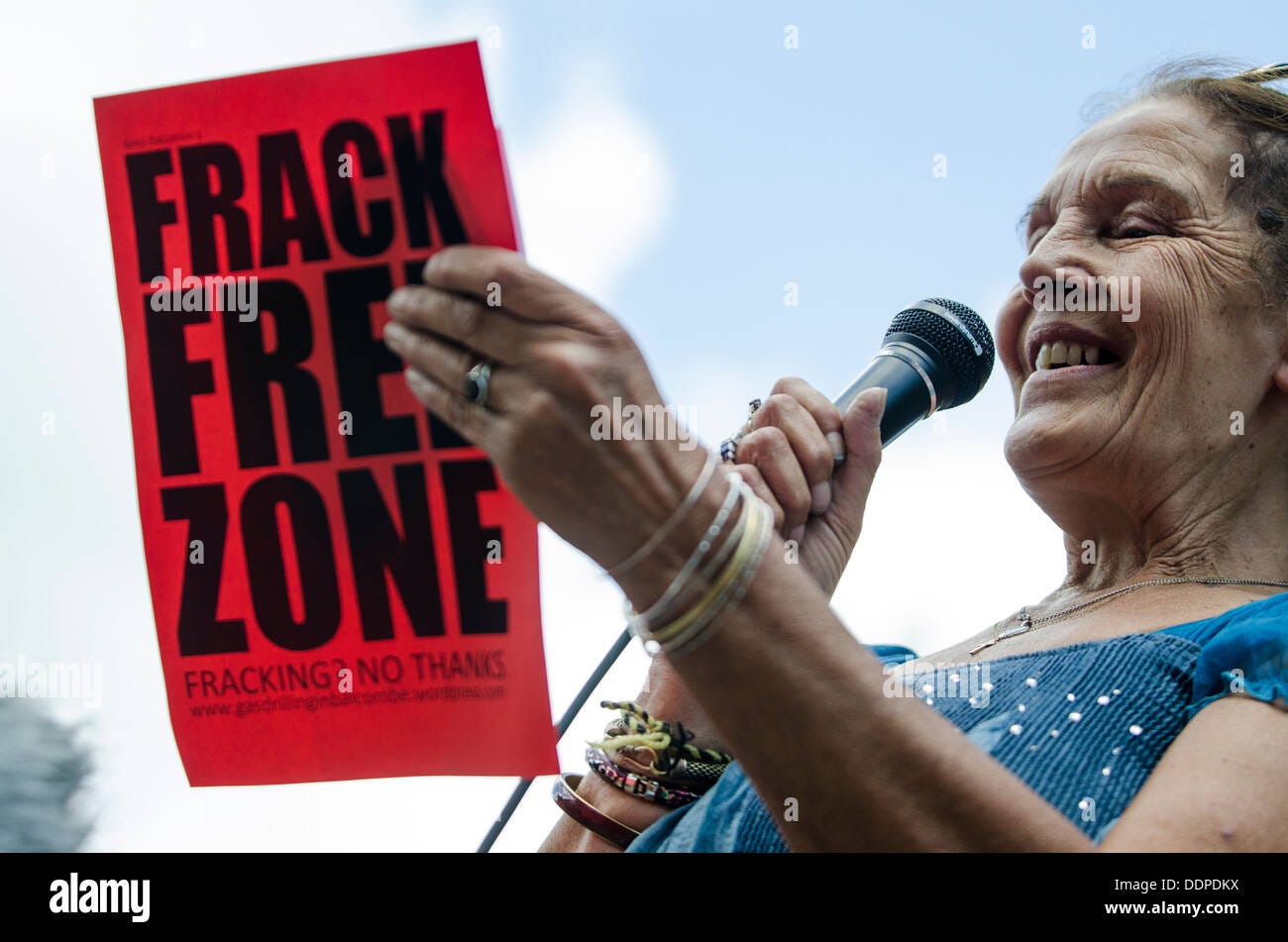 Frances Leader speaking at 'Belt It Out Balcombe' event, Balcombe, West ...