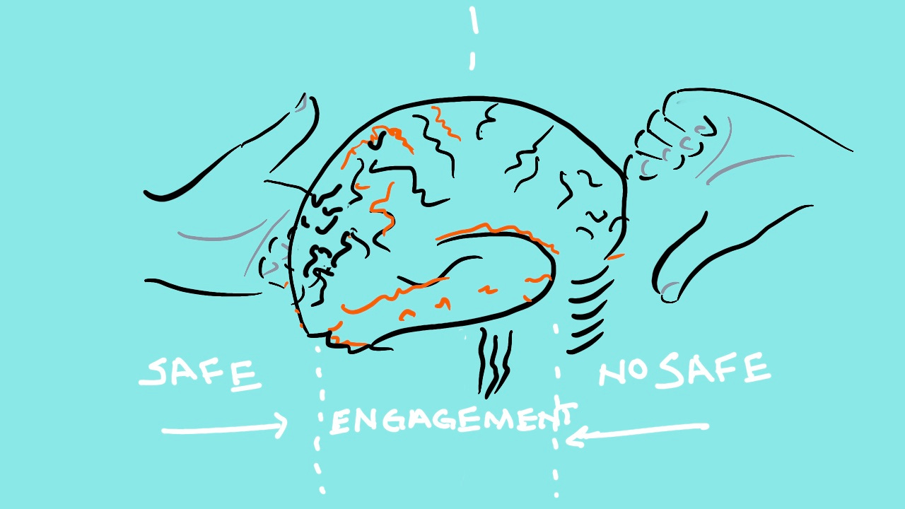 Thumbs up and down with a brain in the middle line drawing - Feeling Safe Matters: Designing Workshops with TERA