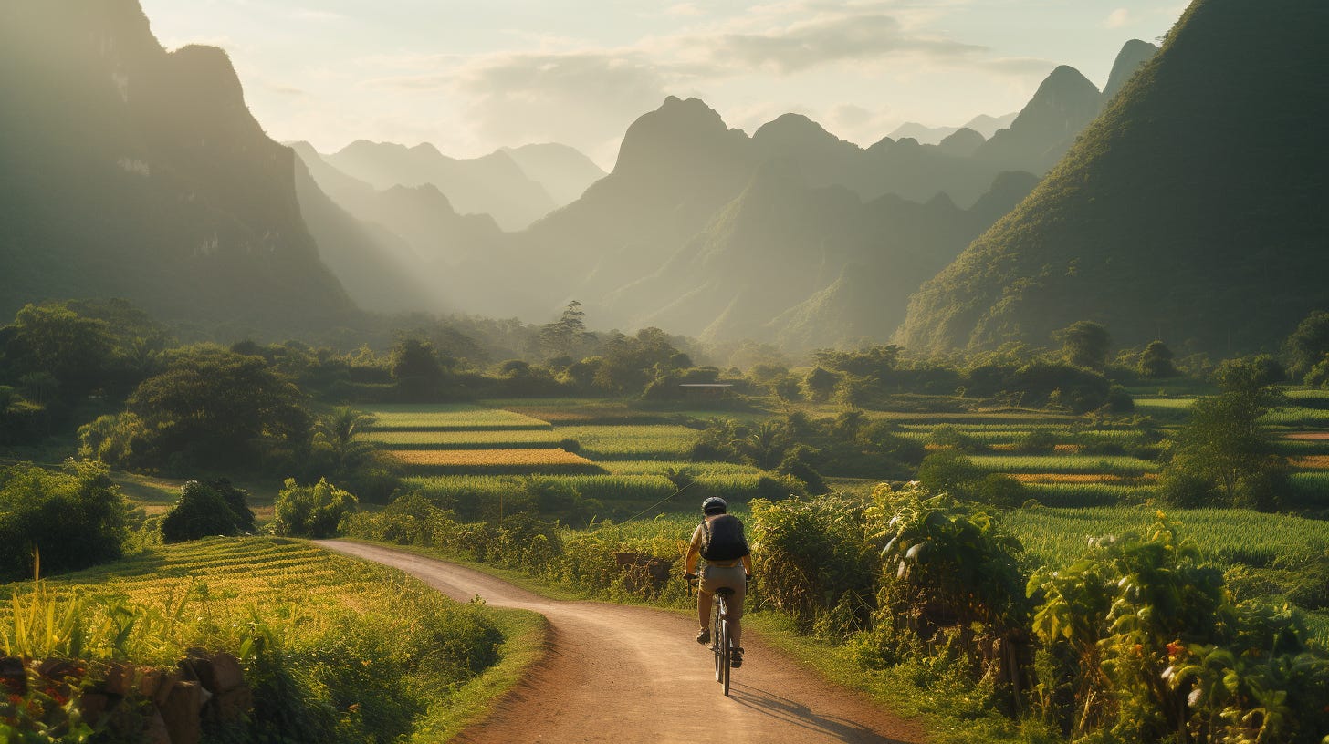 A scenic view of a bike touring path winding through mountains, forests, and fields, evoking a sense of freedom and adventure in the great outdoors.