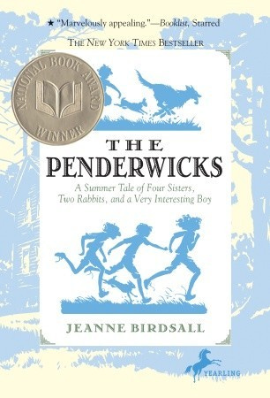the penderwicks cover, silhouettes of 4 children, a dog, and two rabbits running