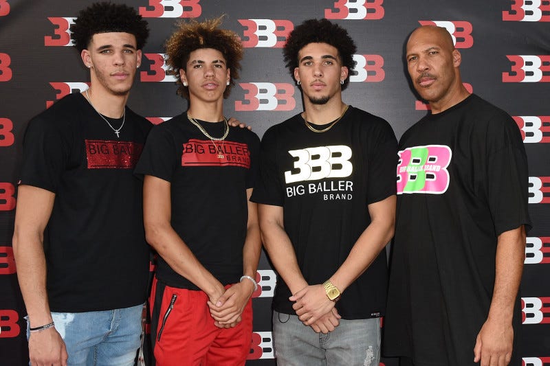 CHINO, CA - SEPTEMBER 02:  (L-R) Lonzo Ball, LaMelo Ball, LiAngelo Ball and LaVar Ball attend Melo Ball's 16th Birthday on September 2, 2017 in Chino, California.  (Photo by Joshua Blanchard/Getty Images for Crosswalk Productions )