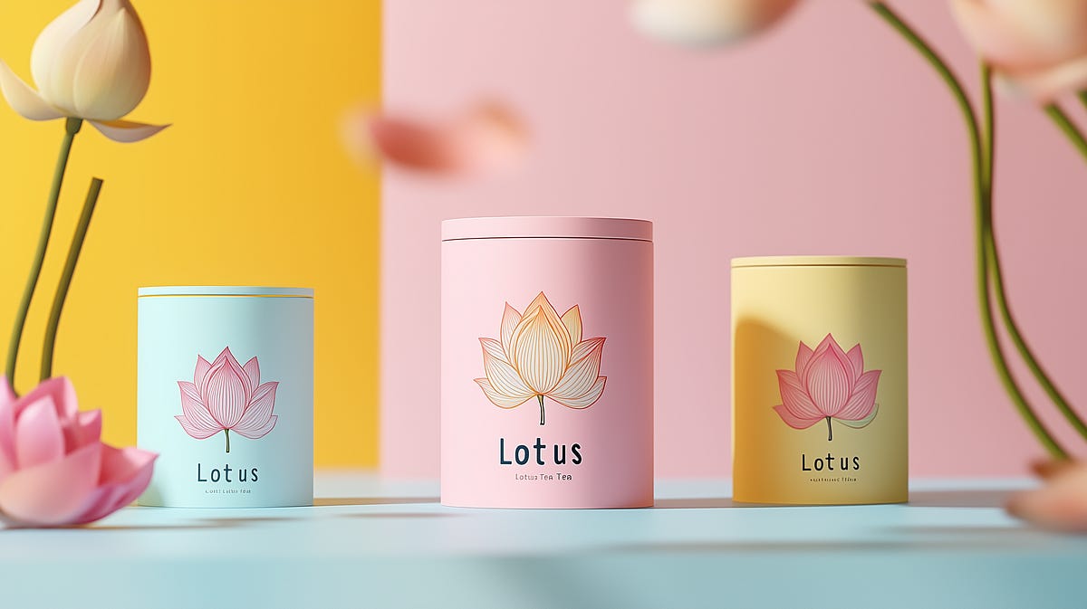 A fictional product. /imagine prompt: a product photography of a lotus tea branded “Lotus Tea” with a lotus logo in the style of modern minimalism, yellow, pink, light blue — ar 16:9 — v 6.1