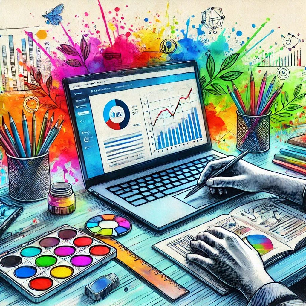 A vibrant watercolor-style digital painting of a person working on optimizing a website on a laptop. The laptop screen displays a web analytics dashboard with graphs, SEO tools, and performance metrics. The background features artistic splashes of color and abstract elements symbolizing creativity and technology. On the desk, there are design tools like a notebook, pen, ruler, and colorful paint supplies, emphasizing a blend of technical and creative work. The mood is dynamic, showcasing the process of improving a website's performance and design.