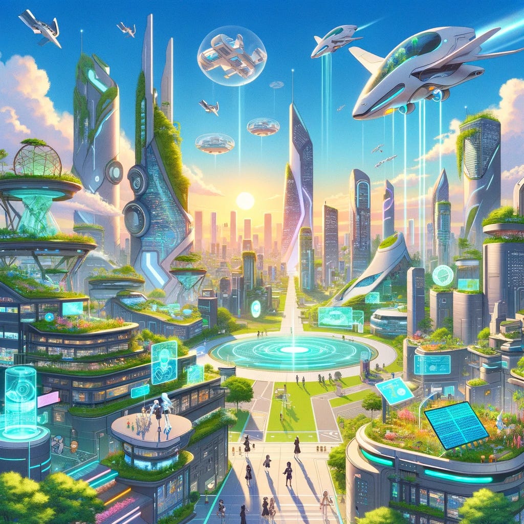 An imaginative depiction of a wonder-filled, abundant future in anime style, showcasing advanced technologies. The scene includes a vibrant anime-style cityscape with stylized skyscrapers, some adorned with minimal green rooftops and vertical gardens. In the sky, sleek, futuristic flying vehicles, rendered in anime aesthetics, hint at advanced transportation systems. On the ground, anime-style characters interact with holographic interfaces and friendly robots, indicative of advancements in communication and AI. Elements like solar panels and compact wind turbines, seamlessly integrated into the architecture, symbolize sustainable energy solutions. The atmosphere is lively, with a clear sky and lush green pockets, emphasizing a harmonious blend of technology and nature in anime art style.