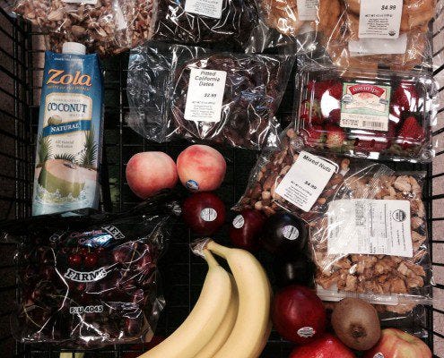 Shot of our shopping basket for a couple of days. Albertsons has some great selection, far better than what we expected!