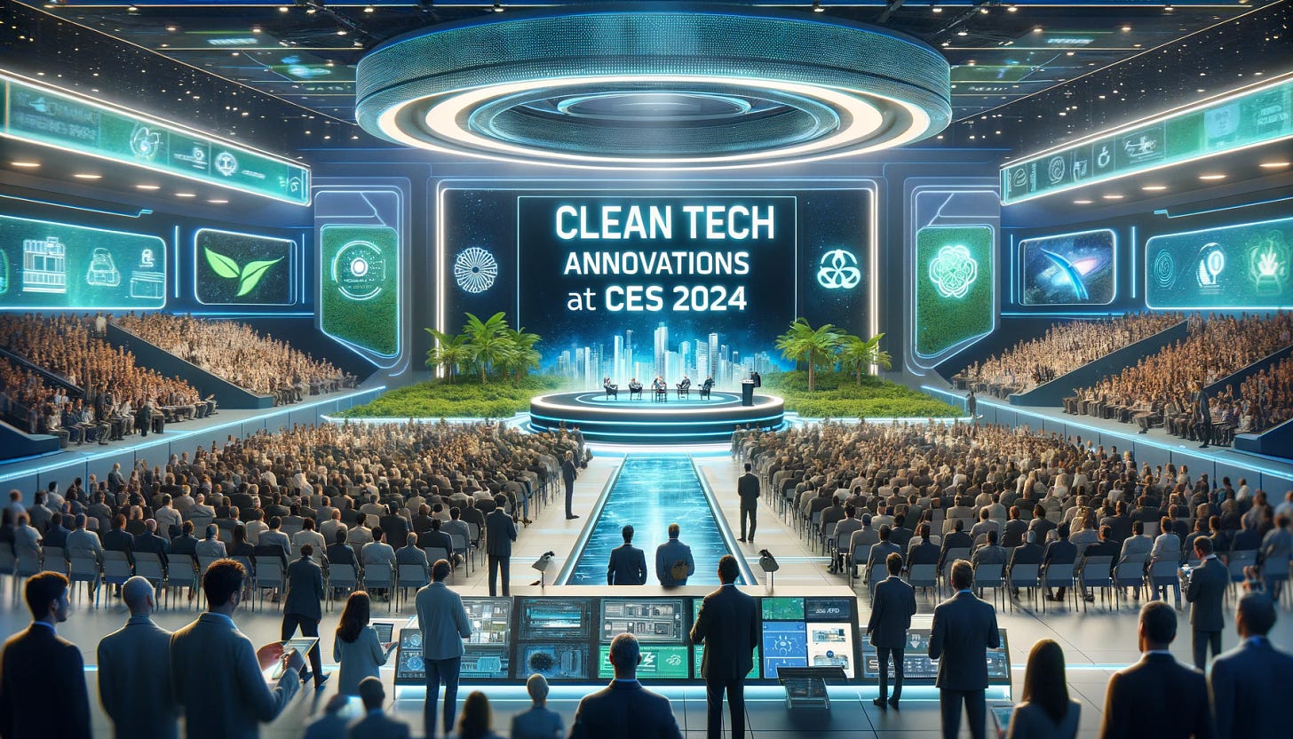 An image representing clean tech announcements at CES 2024. The scene is set in a large, modern conference hall with a futuristic design, filled with a crowd of attendees and journalists. At the center, a large digital screen displays the words 'Clean Tech Innovations at CES 2024'. Below the screen, a speaker is presenting a new eco-friendly technology, such as an advanced electric vehicle or a new renewable energy solution. The audience is engaged, with some taking notes and others recording the presentation. The hall is decorated with green plants and digital displays showcasing various clean tech products and their environmental benefits.