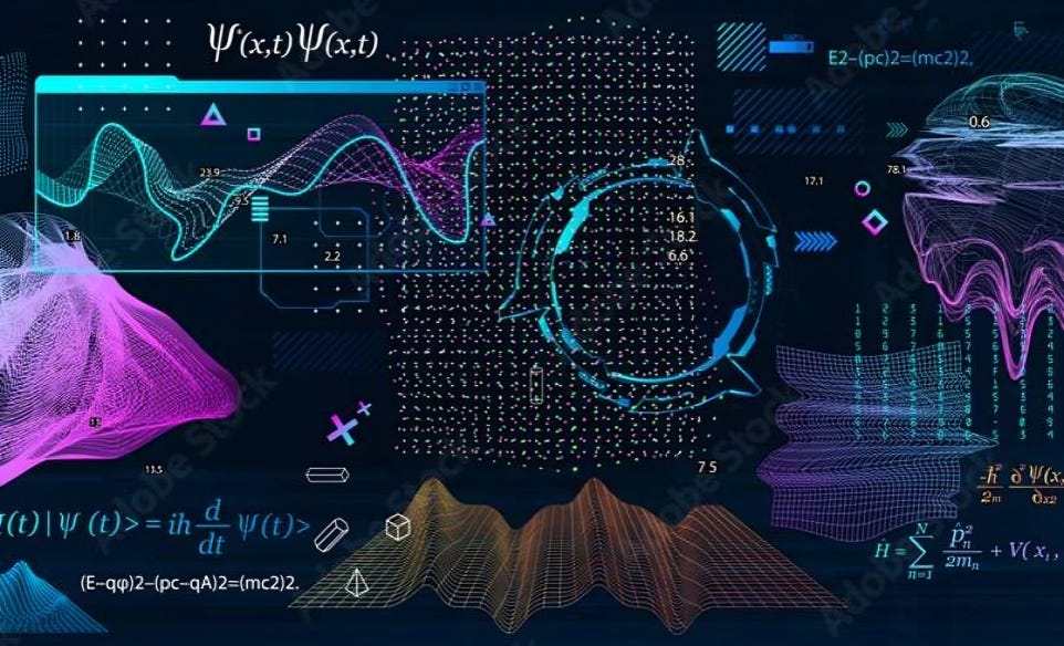 Visual representation of quantum mechanics with equations, waveforms, and abstract mathematical models.