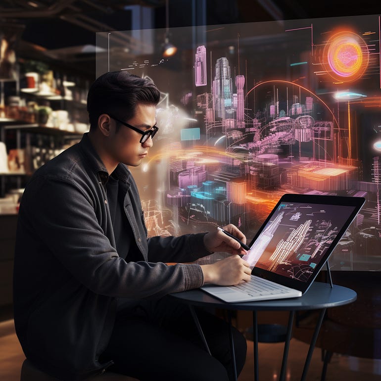 An AI-generated image of “A designer looking at an AI-generated image and sketching something based on that.” A man with glasses is looking and using a pen on a touch-screen laptop with some schematics on it.