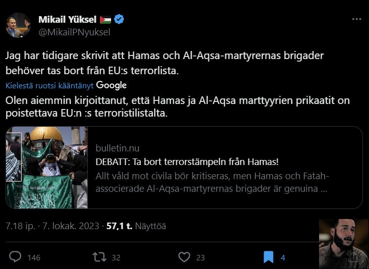 Ruotsin islamistisen puolueen puheenjohtaja myönsi täysin avoimesti tukevansa Hamasia samana päivänä, kun terroristijärjestö suoritti verisimmän terrori-iskun Israeliin vuosikymmeniin. Tykkäysten ja kommenttien perusteella, ruotsalaiset X-käyttäjät eivät näyttäneet olevan asian kanssa samaa mieltä.