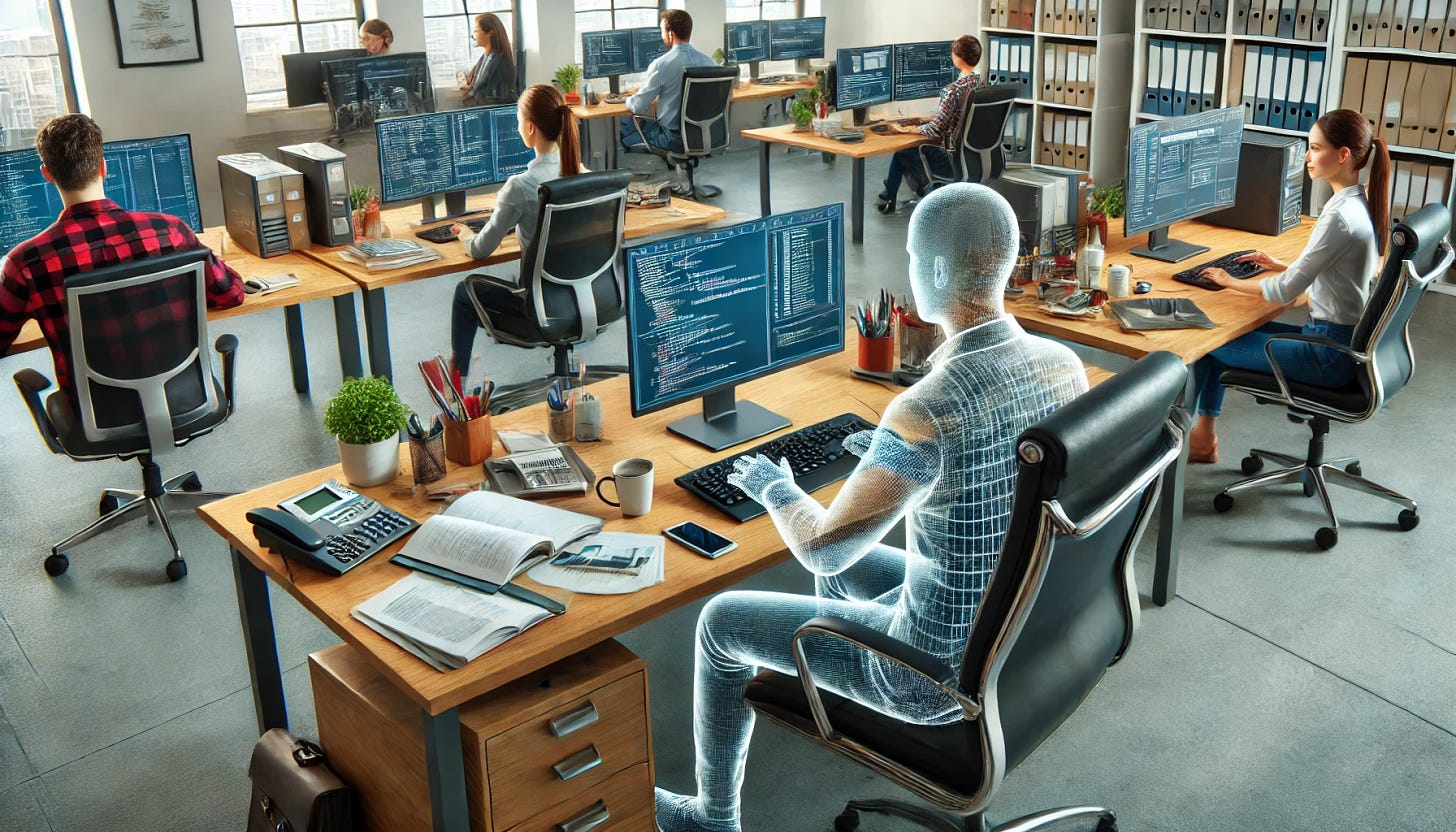 A transparent person sitting at a desk in an office full of people. 