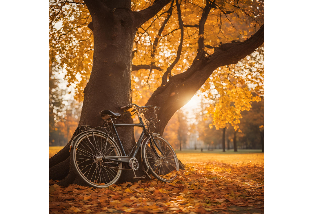 Bike leaning against large tree with yellow autumn leaves in warm sunlight