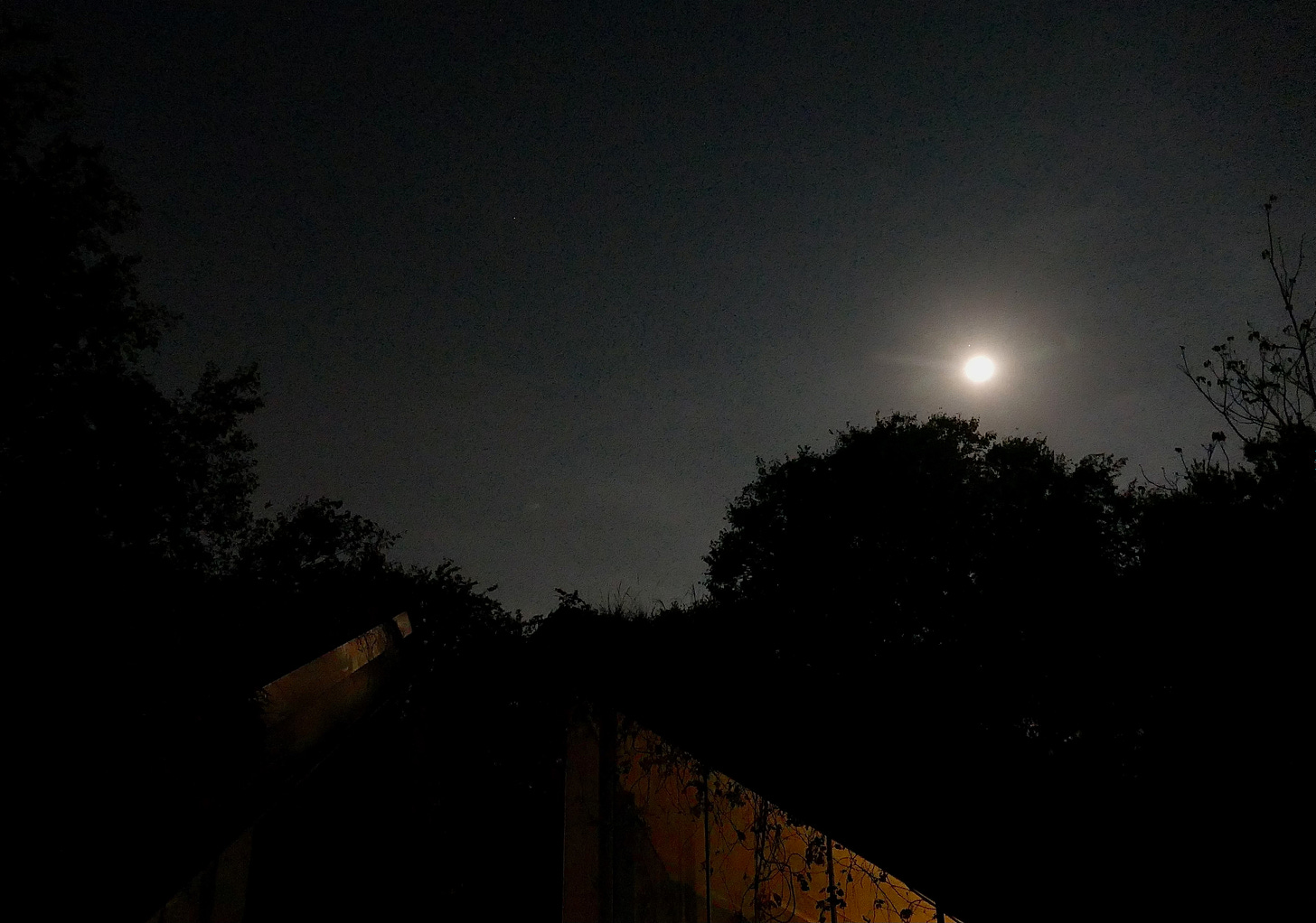 Full harvest moon and Saturn above Edgeland House and woods