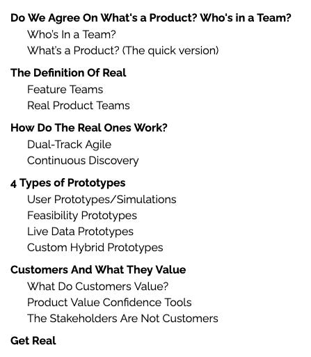 table of contents for the post about product teams