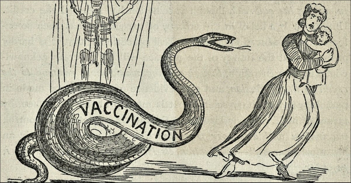 Cartoon depicting a snake labelled 'Vaccination' attacking a mother and child.