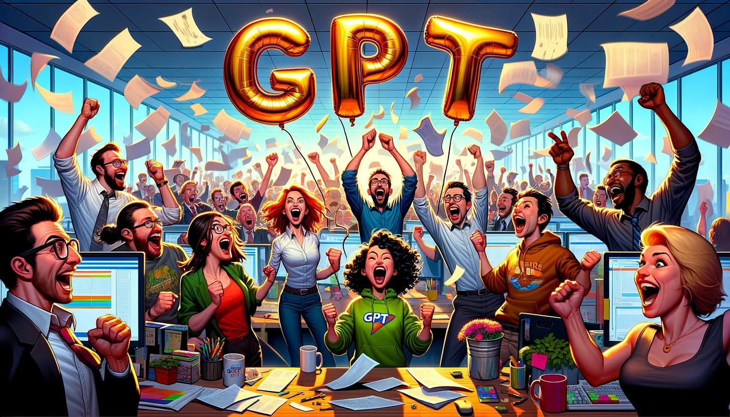 A wide, cartoon-style image showing a group of excited people in an office setting, jubilantly throwing papers into the air. Each person is animatedly shouting 'GPTs!' with enthusiasm. The characters are diverse in appearance and attire, representing a variety of professions, from techies in hoodies to business professionals in suits. The atmosphere is euphoric, capturing the zeitgeist surrounding the GPT phenomenon. Above them, the word 'GPTs' is spelled out in large, colorful, balloon letters, adding to the celebratory mood. The background is a vibrant office space, with desks and computers, some displaying screensavers with the letters 'GPT'.