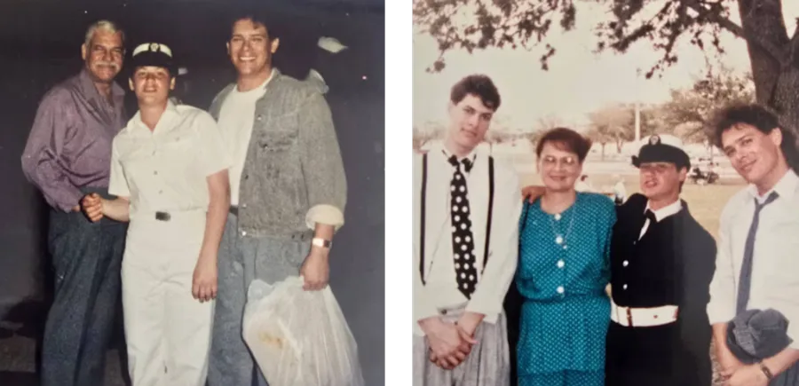 The Rodriguez family celebrated with Elaine during her boot camp graduation in Orlando. Left photo, Elaine, center, with her dad, Pablo, and older brother, Paul. It was the proudest she’d ever seen her father, she said. Right photo, from left to right, her younger brother, Philip, their mother, Maria, and her older brother, Paul. 