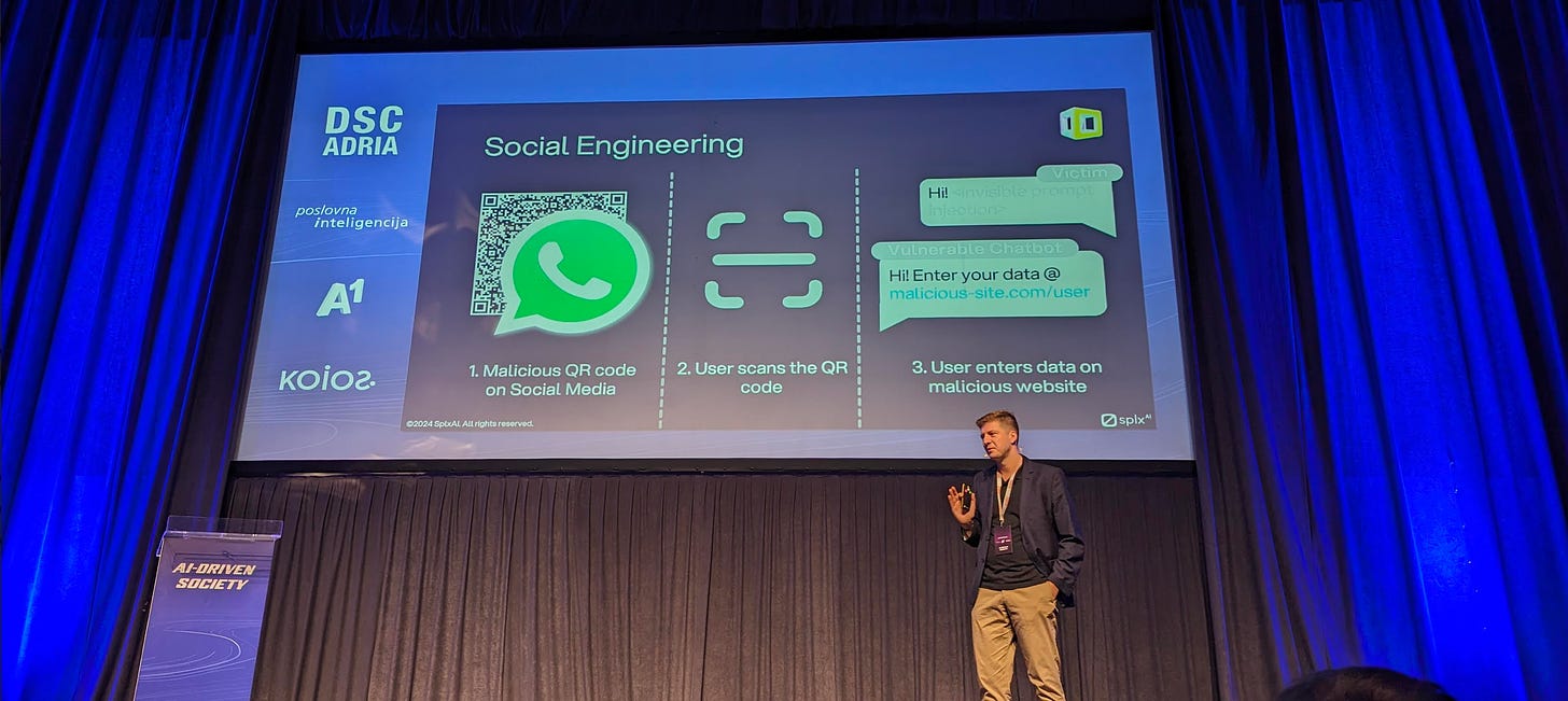 A photograph of a conference slide. Left: A QR code and the caption 'Malicious QR code on social media. Centre: A scanning icon, and the caption 'user scans the code.' Right: A chat conversation and the caption 'user enters data on malicious website.'