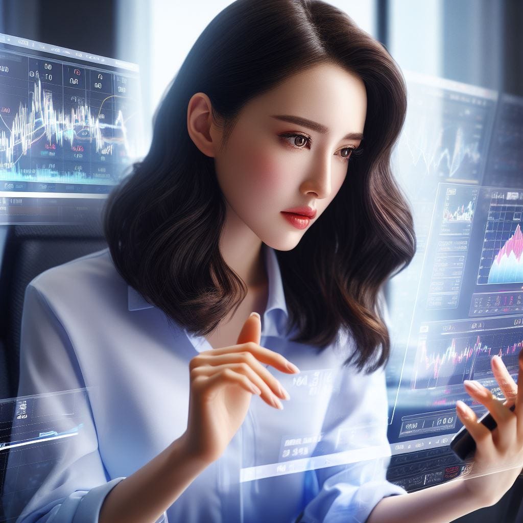 A photo-realistic image of a beautiful brunette woman analyzing stocks to decide which earnings trades to place this week