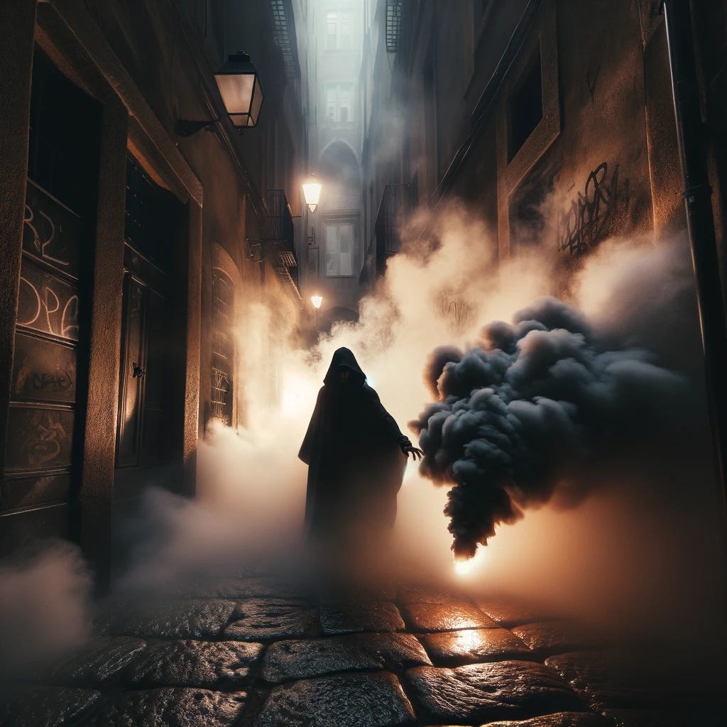 A dramatic photograph of a villain using a smoke screen to escape. The scene captures a shadowy figure in a dark, flowing cloak, throwing a smoke bomb on the ground which erupts into dense, billowing smoke. The setting is a narrow, cobblestone alleyway, dimly lit by street lamps, enhancing the mysterious and tense atmosphere. The smoke fills the alley, obscuring the villain's escape from pursuing figures visible in the background. Taken on: digital photography, low light conditions, wide-angle lens.