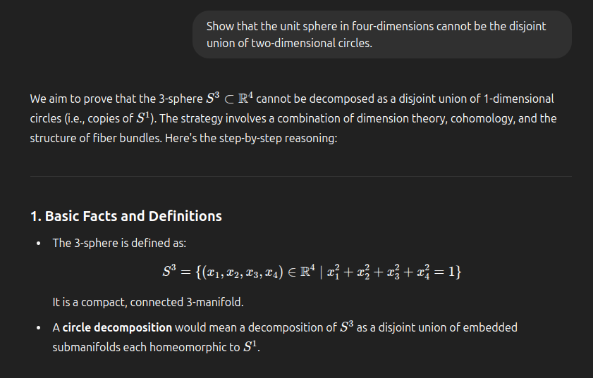 ChatGPT, showing that the unit sphere in four dimensions cannot be the disjoint union of two-dimensional circles. ChatGPT, showing that the unit sphere in four dimensions cannot be the disjoint union of two-dimensional circles.