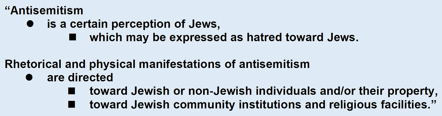 Broken into bullet points indicative of logical structure, here reflected by slashes: “Antisemitism / is a certain perception of Jews, / which may be expressed as hatred toward Jews. // Rhetorical and physical manifestations of antisemitism / are directed / toward Jewish or non-Jewish individuals and/or their property, / toward Jewish community institutions and religious facilities.”