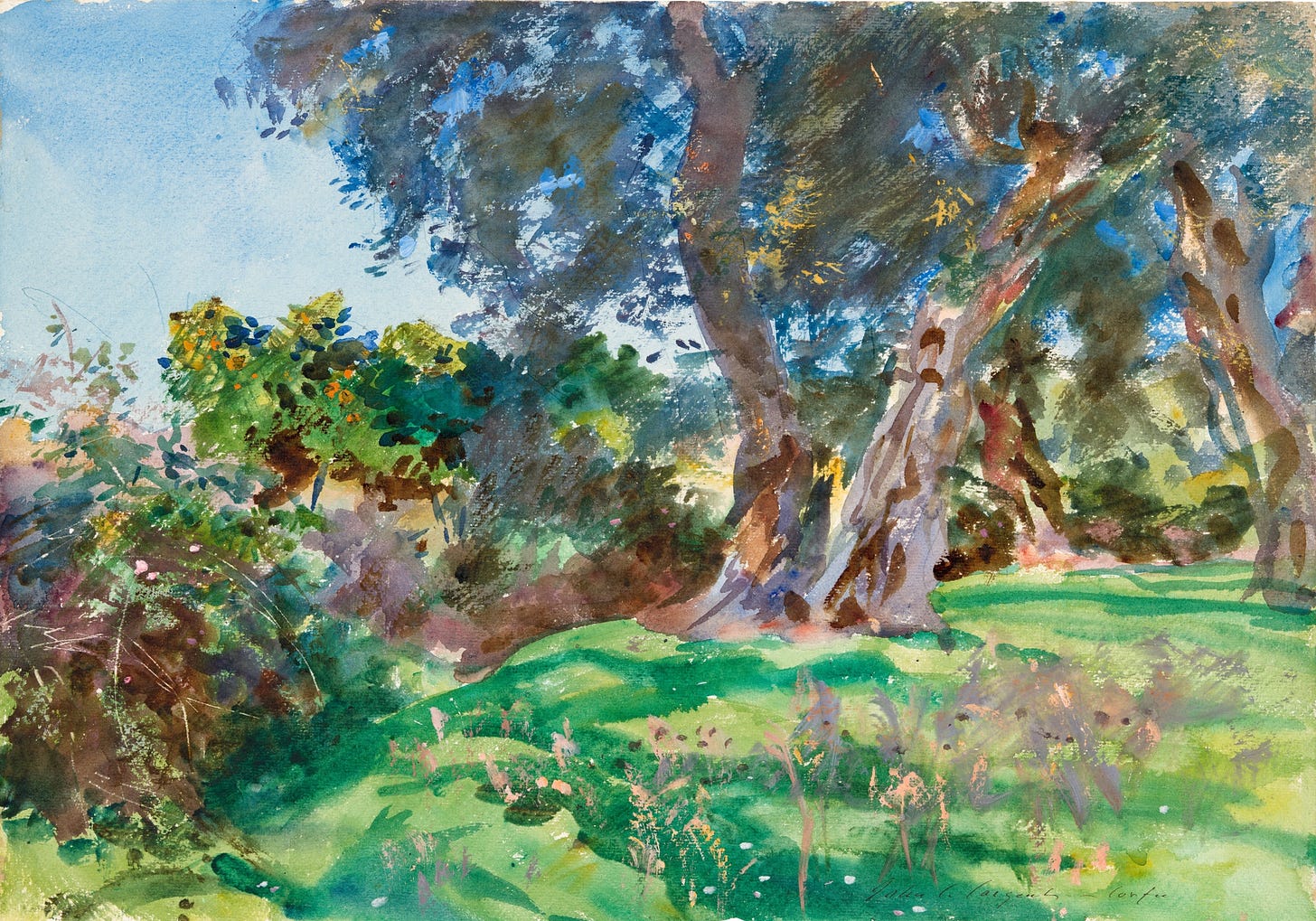 Watercolor painting of a sunny, verdant landscape filled with towering trees, shrubs, and brightly colored flowers