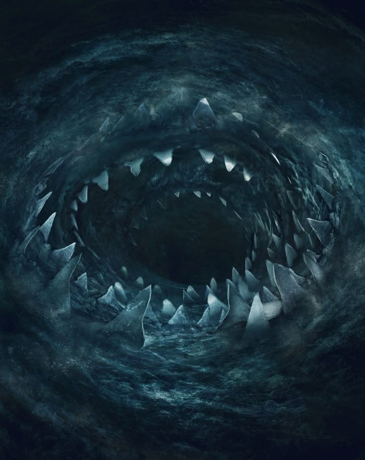 This may contain: a shark's mouth is shown in the middle of a dark blue water tunnel