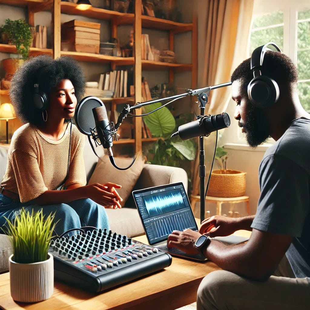 A cozy living room setting where a Black woman and a man are collaborating on a podcast episode. The woman is speaking into a professional microphone, while the man is seated with headphones, adjusting audio levels on a laptop. The room is warmly lit, with bookshelves and indoor plants adding to the inviting atmosphere. The equipment includes a podcasting microphone, headphones, and a laptop. The overall scene is modern and vibrant, with a focus on teamwork and creativity.