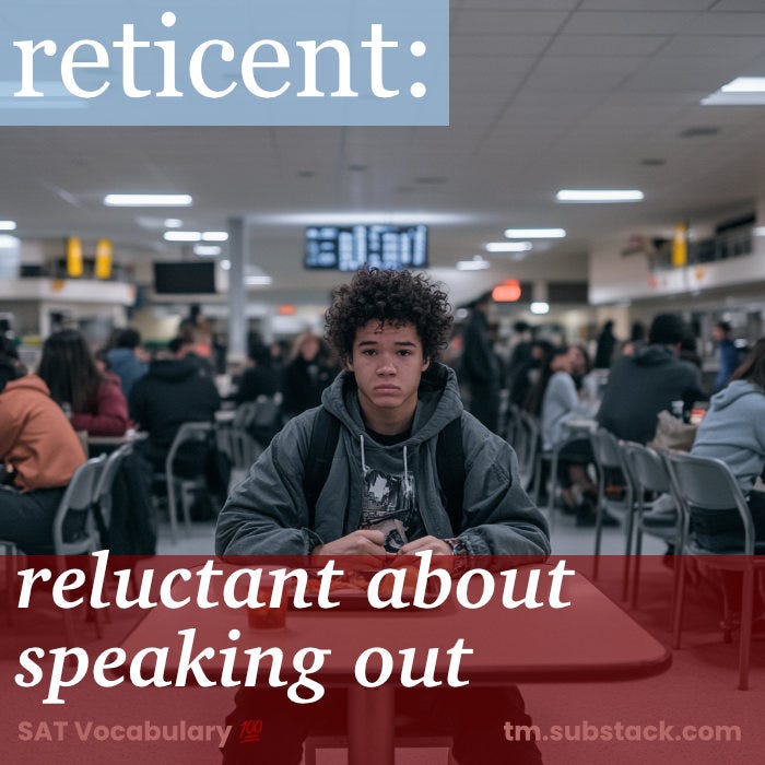 Illustration of a shy teenager sitting alone at a cafeteria table; used to illustrate the SAT word 'reticent'.