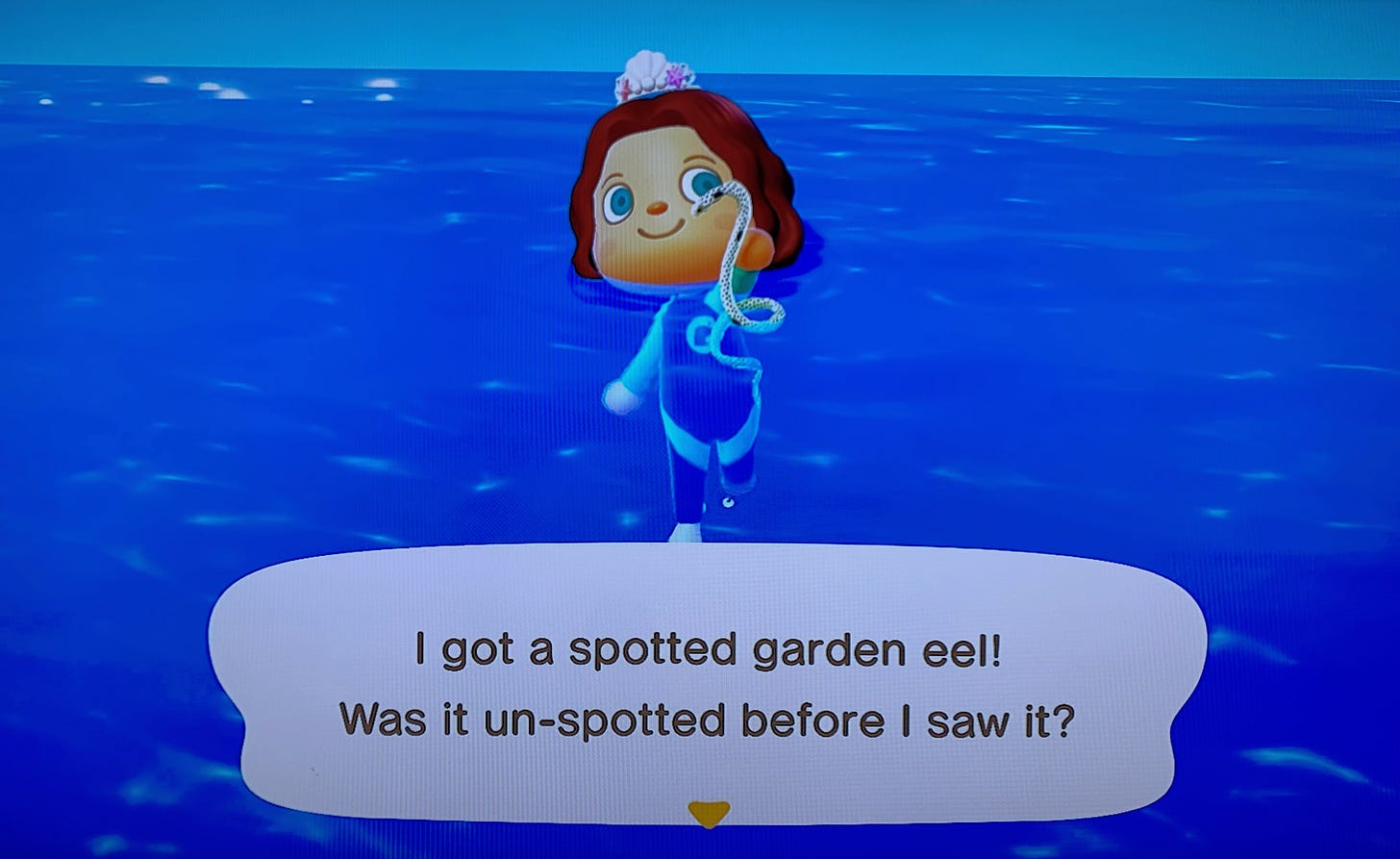 Image from animal crossing nintendo game, where an avatar wearing a mermaid tiara is holding a spotted garden eel.
