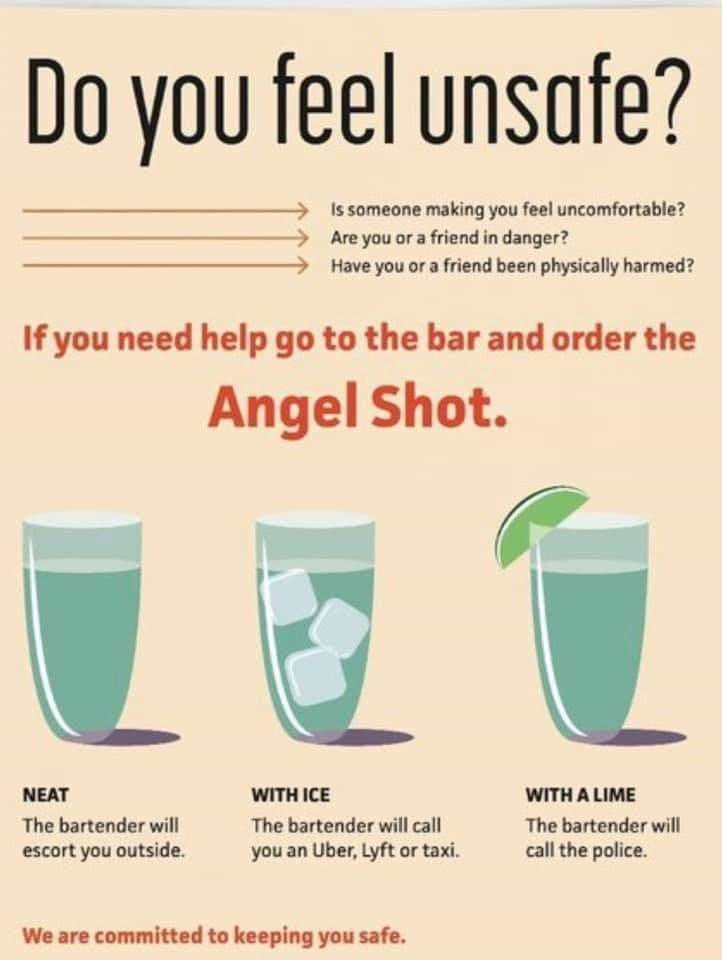 An Angel shot poster that describes how to ask bar staff for help using coded drink orders.