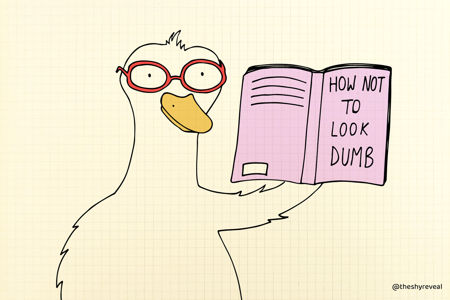 A goose with glasses reading a book called "How not to look dumb".
